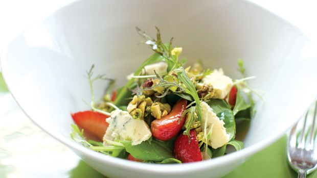 Arugula, "Pickled" Strawberries, Candied Pistachios & Crumbled Blue Cheese Salad
