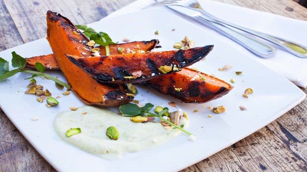 BBQ Potatoes with Candied Spiced Pistachios, Pistachio Crema and Watercress