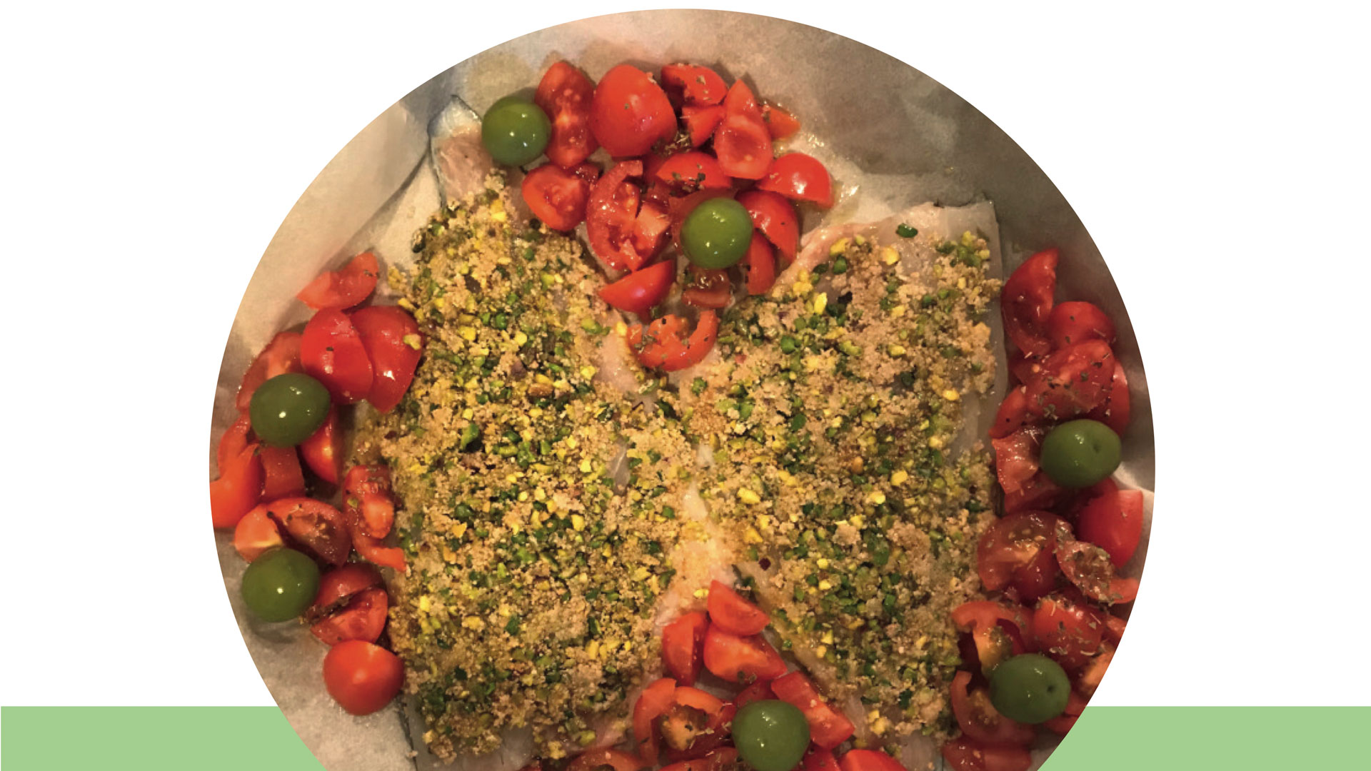 Baked Orata in Pistachios Crust with Tomatoes and Olives