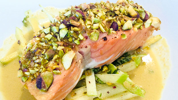 Baked Salmon with Pistachio Milk and Apple Salad
