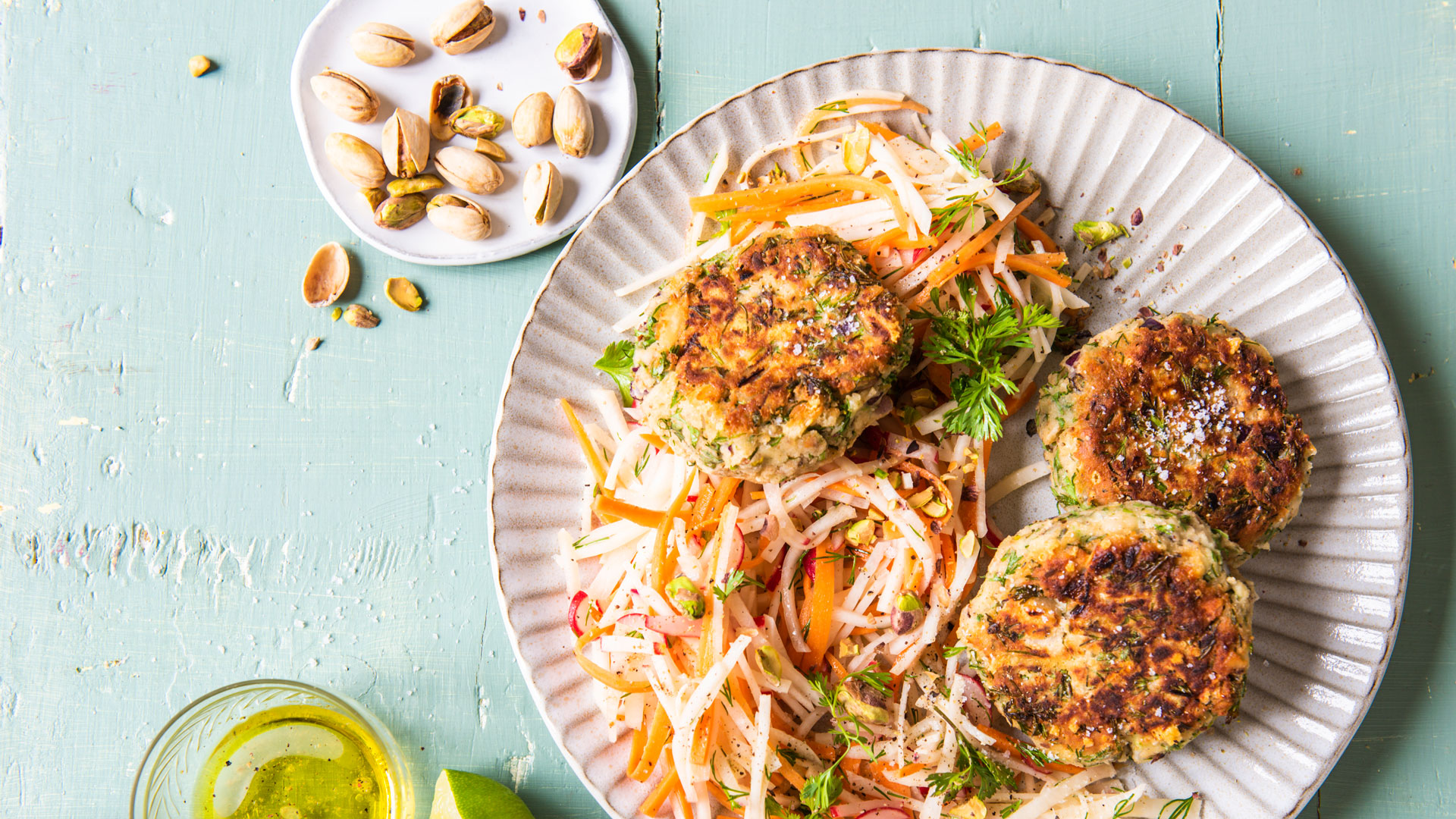 Bean-Pistachio Boulettes with Kohlraby Slaw