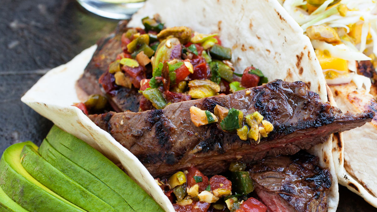 Grilled Skirt Steak with Smoked Pistachio Chipotle Salsa