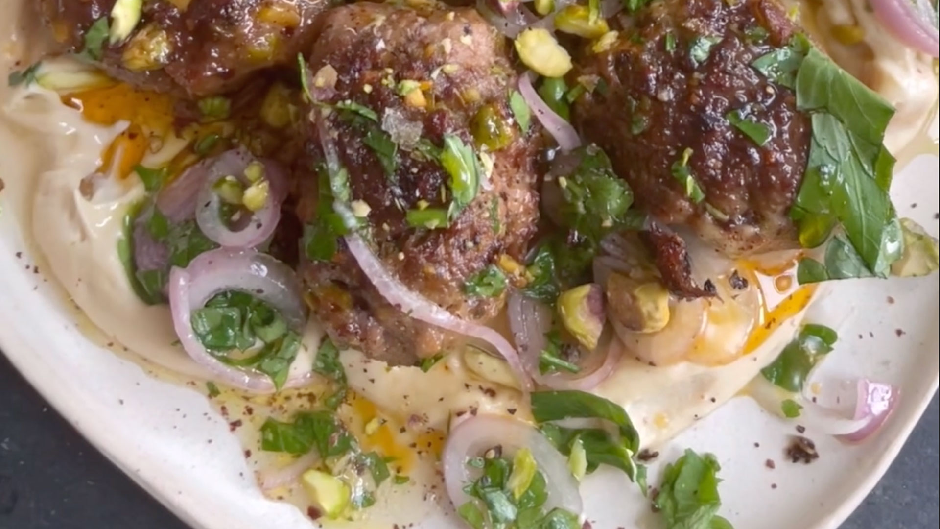 Lamb and pistachio kofta with houmous