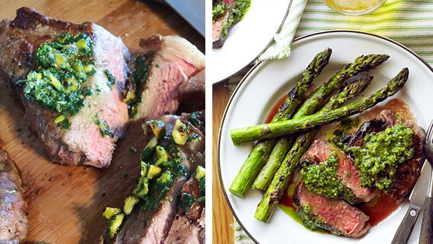 Rib-Eye Steaks with Pistachio Butter and Asparagus 
