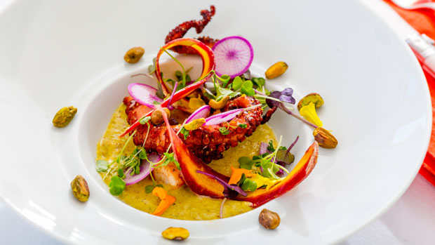 Spanish Octopus with Gazpacho, Pistachio, Chili, Finger Lime and Mixed Herbs