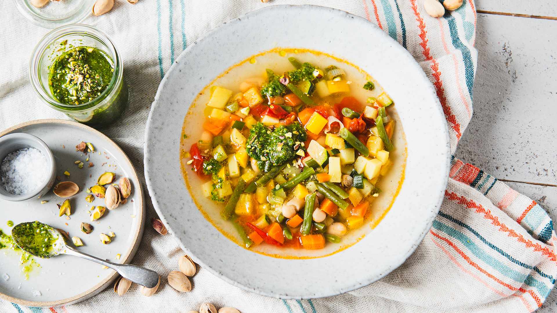 Vegetable Bean Soup with Pistachio Pistou