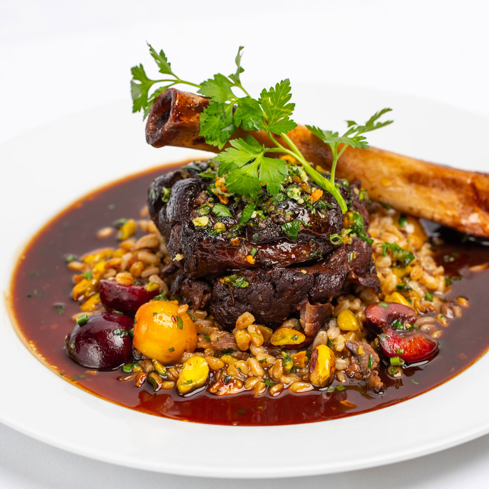 Braised Lamb Shank with Pistachio Cherry Risotto
