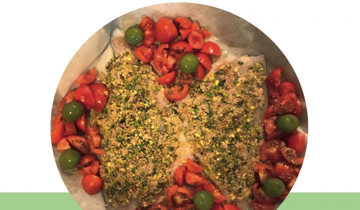Baked Orata in Pistachios Crust withTomatoes and Olives