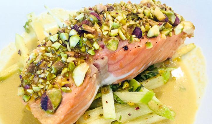 Baked Salmon with Pistachio Broth and Apple Salad