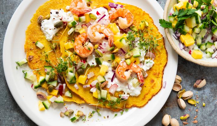 Chickpea Omelet with Cucumber-Mango Salad and Shrimp