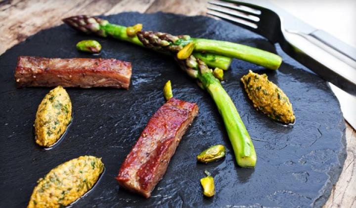 Crispy Lamb Belly Pistachio Chimichurri with Butter Braised Asparagus