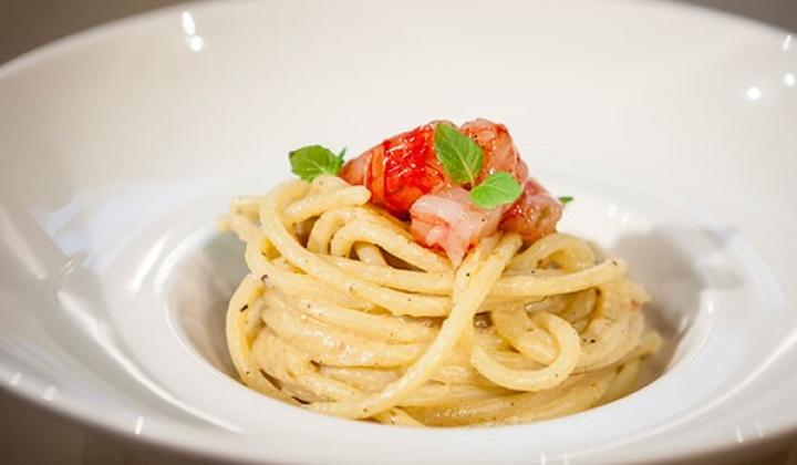 Gragnano Big Spaghetti, American Pistachios Pesto and Red Shrimps of Porto Santo Spirito Marinated with Lime