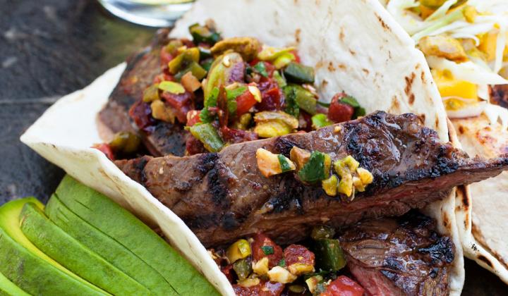 Grilled Skirt Steak with Smoked Pistachio Chipotle Salsa