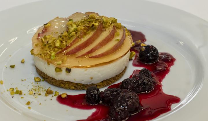 Peach and White Chocolate Cheesecake with Pistachio Crust