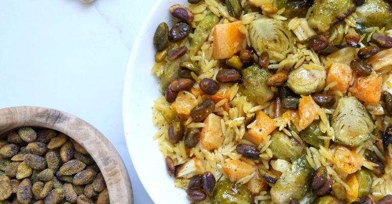 Warm Roasted Veggie and Pistachio Orzo